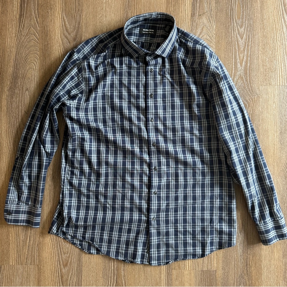 Nordstrom Men’s Tech-smart Trim Fit Dress Shirt, 17.5 34/35, Blue Plaid